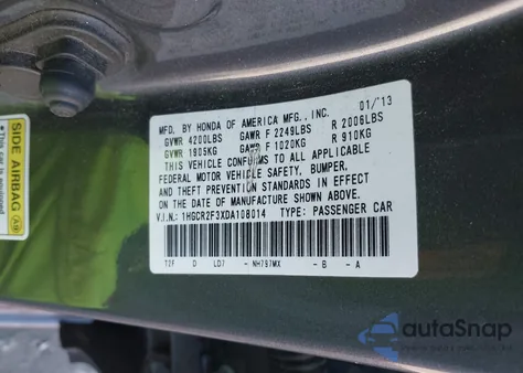 2013 Honda Accord Lx из США, поврежденный, VIN 1HGCR2F3XDA108014